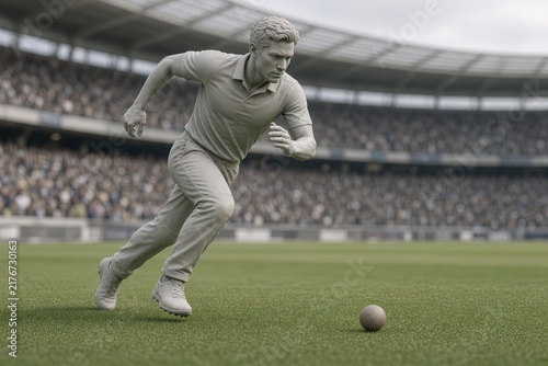 Dynamic stone sculpture of cricket fielder running on green turf in front of crowded stadium audience for modern sports illustration and media editorial.