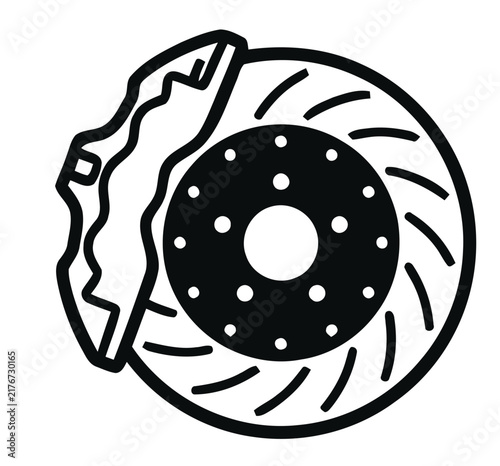Black and white vector icon of a car brake disc and caliper.