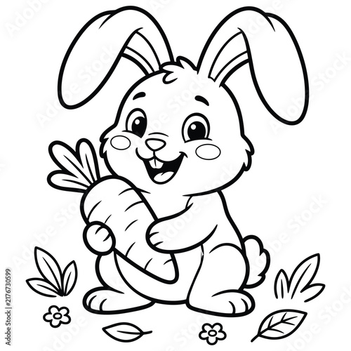 Cute cartoon bunny rabbit character holding a fresh orange carrot: black and white line art design.