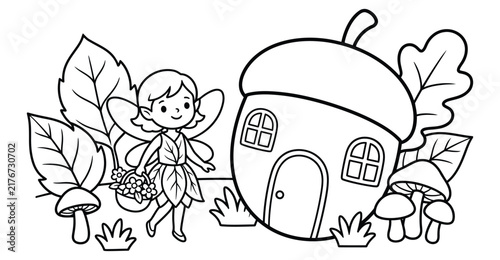 A little fairy walking by an acorn house in the forest with a coloring page for children's vector.