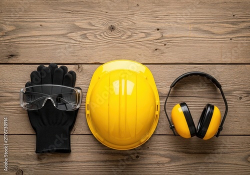 A top down view of essential construction safety equipment including a yellow hard hat protective goggles and ear muffs on a wooden surface