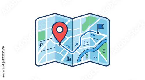 A folded paper map illustration with a red location pin and a blue destination flag.