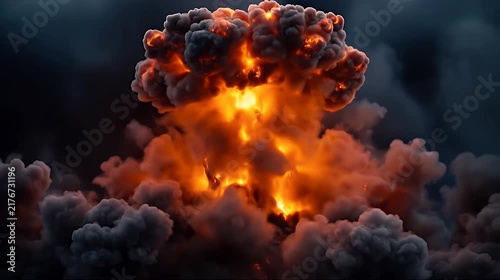 Cinematic Massive Fire Explosion with Thick Billowing Smoke Clouds.