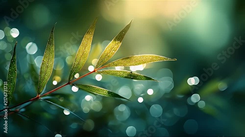 Beautiful sunlight filters through a wet leaf branch with a dreamy bokeh background.