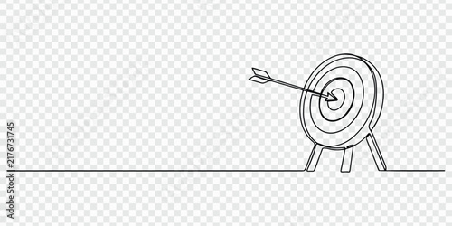 Continuous one line drawing of Target with arrow standing on tripod. Success goal achieve concept in simple linear style. Doodle vector illustration. Continuous line art target with arrow hitting.