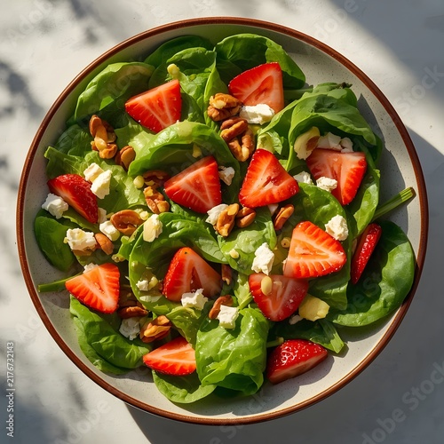 Fresh Spinach Salad with Sliced Strawberries, Crumbled Feta Cheese, and Toasted Pecans in a Bowl