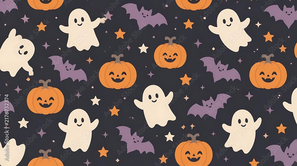 Obraz premium Cute Halloween seamless pattern with ghosts pumpkins and bats.