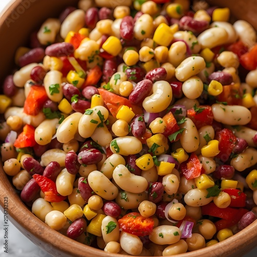 Healthy Mixed Bean Salad with Corn, Bell Peppers, and Fresh Herbs in a Wooden Bowl