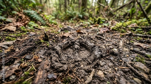 Muddy Animal Footprint On A Forest Trail With Blurred Trees