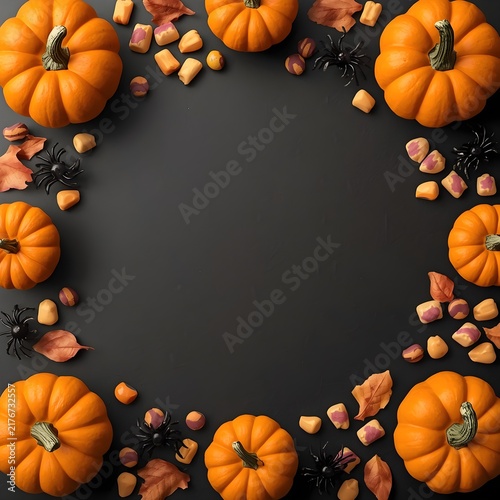 Autumn Halloween Flat Lay Background with Orange Pumpkins, Dried Leaves and Spiders on Black Backdrop