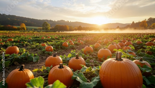 Scenic pumpkin patch at sunrise with ripe orange gourds in a misty rural field during autumn harvest
