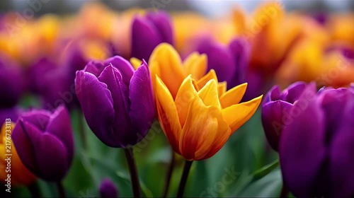 Beautiful purple and yellow tulips blooming in a sunny spring field.