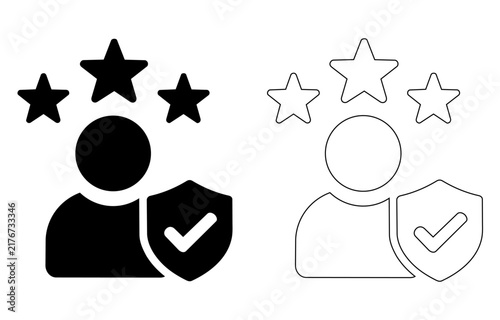 Customer protection icon with person, stars and shield symbolizing trust, safety and security. User assurance pictogram for quality, reliability, satisfaction and customer service concept.