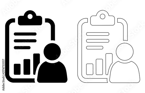 Business report icon with person symbolizing analysis, statistics and performance. Clipboard pictogram for data, results, management, planning and business evaluation concept.