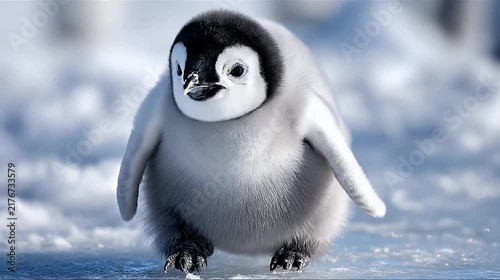 An adorable emperor penguin chick walks on the ice and chirps towards the camera in a close-up wildlife shot.