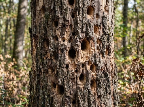Nature's Perforated Tree Trunk In Autumn Forest