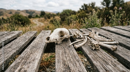 Nature's Remains A Skeletal Display On A Rustic Wooden Surface