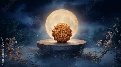 Ornate mooncake on a stone pedestal before a glowing full moon at night