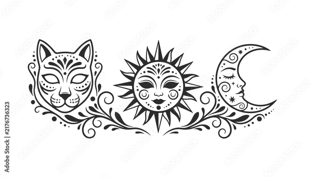 Fototapeta premium Mystical celestial illustration featuring a decorative cat face, sun with rays, and a crescent moon with tribal swirls.
