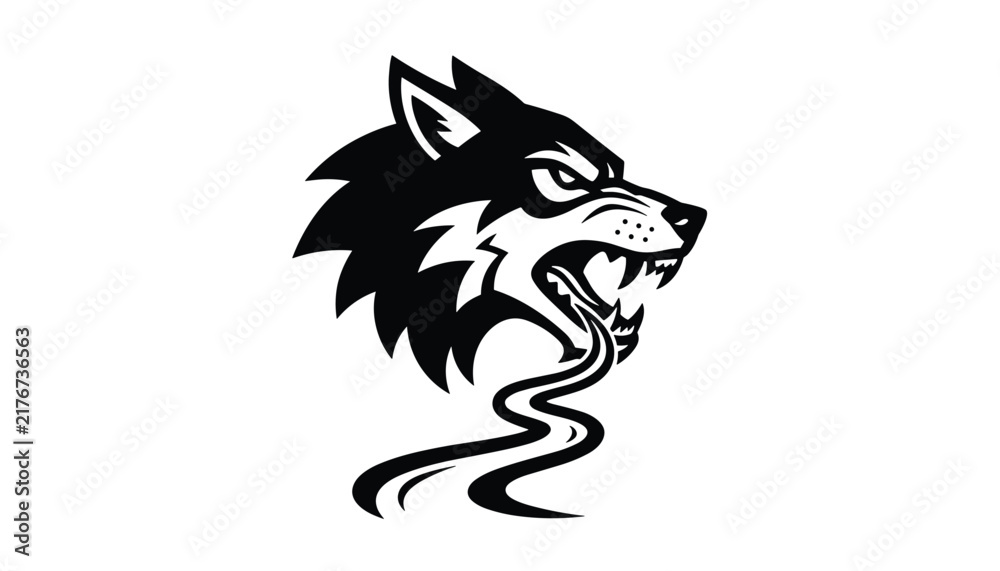 Obraz premium Aggressive black and white graphic emblem of an angry growling wolf head with sharp fangs and curved abstract lines below.