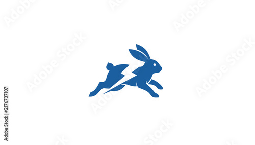 Abstract blue logo of a fast running rabbit with a lightning bolt cutting through its body on white background.