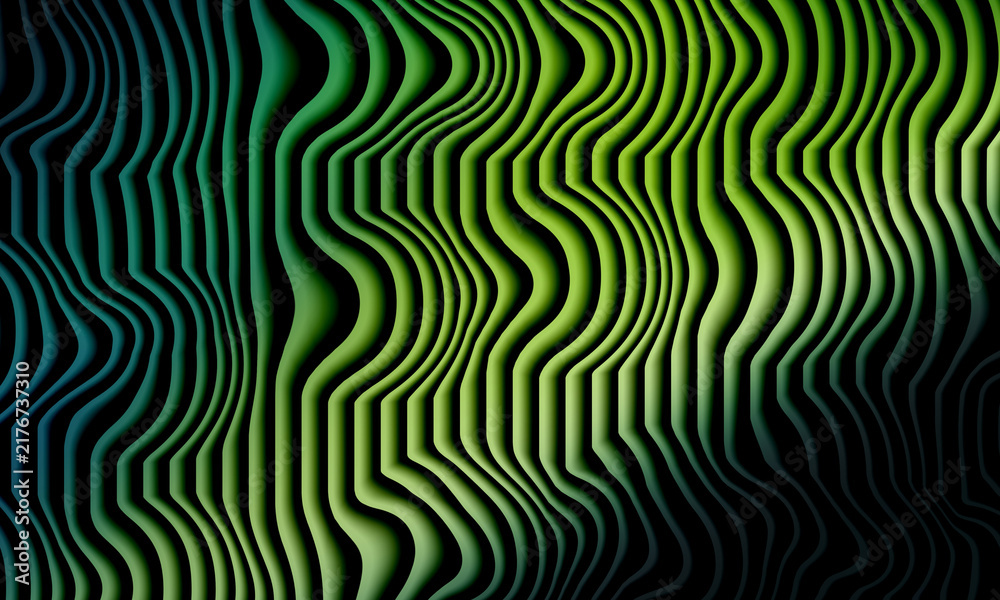 Fototapeta premium Abstract green and yellow wavy lines pattern on a dark black background