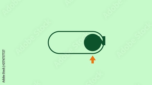 Motion graphics of a dark green toggle button and orange arrow on pastel green screen.