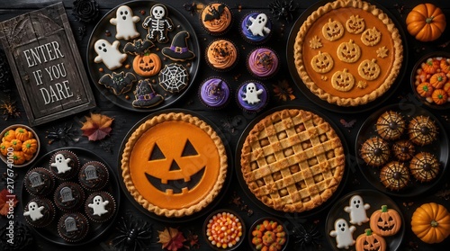 Halloween Feast Extravaganza: A delectable spread of Halloween-themed treats, featuring spooky pumpkin pies, ghostly cookies, festive cupcakes, and assorted candies, all arranged on a dark.