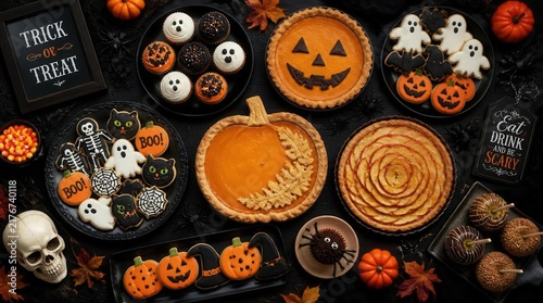 Halloween Delights: A spooky spread of festive Halloween treats, including pumpkin pies, ghost cookies, and jack-o'-lantern pastries, arranged on a dark, atmospheric background.