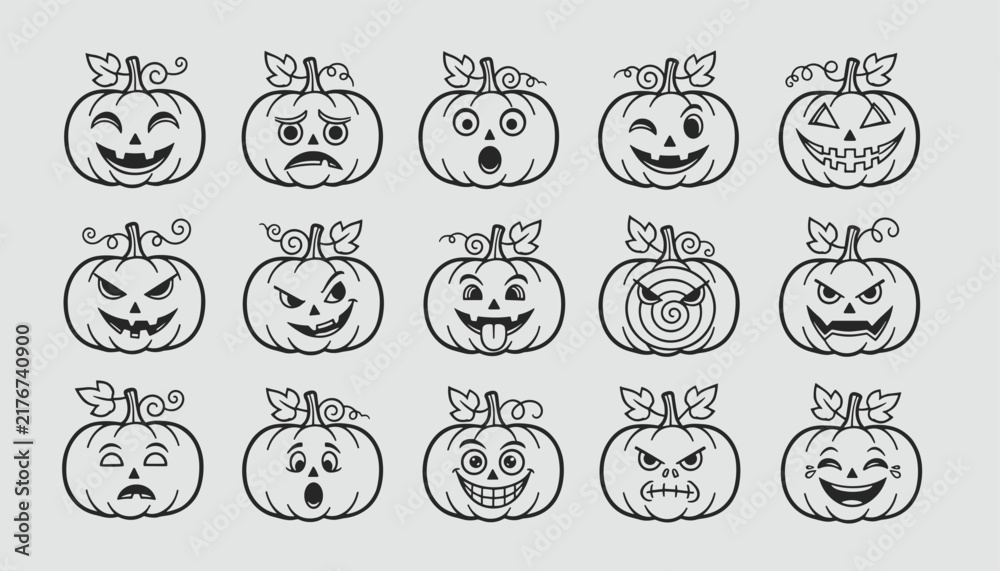 Obraz premium Fifteen different hand drawn spooky and funny jack o lantern pumpkin faces in black ink isolated on grey background for halloween.