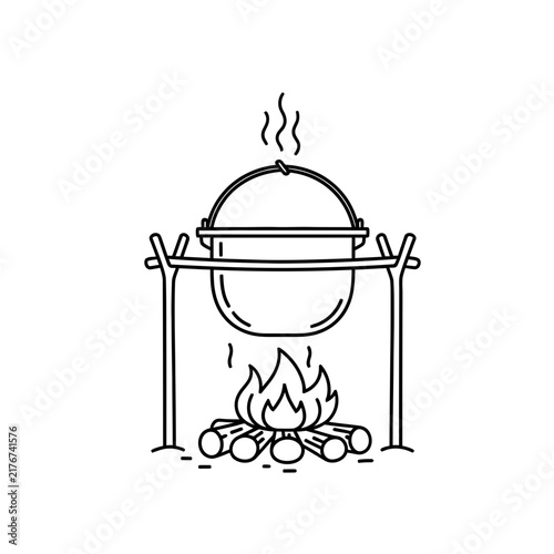 Cast iron cauldron hanging over a campfire with firewood and smoke cauldron campfire firewood equipment adventure survival monochrome