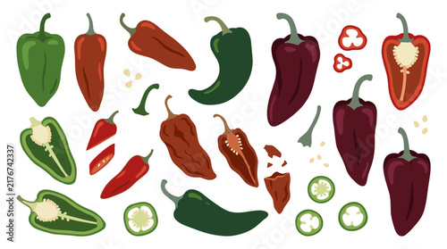 Set of assorted spicy chili peppers in different shapes and colors, sliced and whole vegetables for culinary themes, vibrant food icons for menu