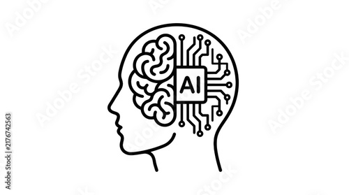 Artificial intelligence concept icon, human head profile with brain and digital circuit board chip, ai technology symbol, vector illustration isolated on transparent background