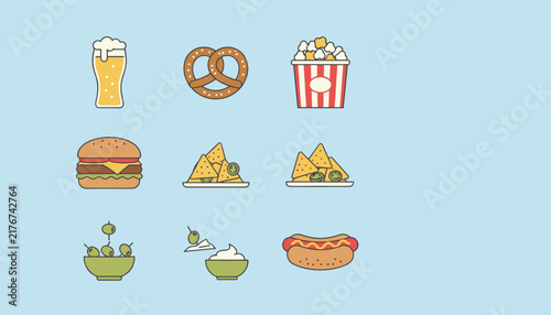 Set of tasty fast food and movie night snacks flat icons including burger, hot dog, popcorn, beer and crispy nachos.