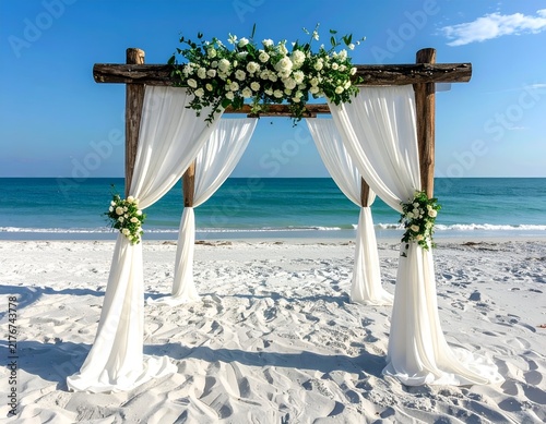 Beach wedding setup wooden arch with white draping and floral arrangements, sea backdrop