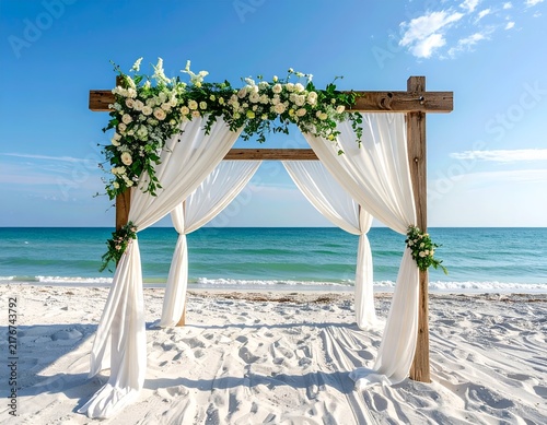 Wooden wedding arch with floral decorations and flowing white fabric on a sandy beach