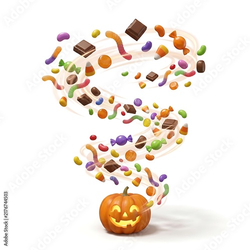 Halloween pumpkin with swirling candy vortex isolated on white background