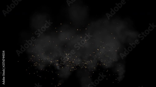 Motion graphics overlay of glowing fire sparks, hot embers, and rising smoke on alpha channel background, isolated visual effect element
