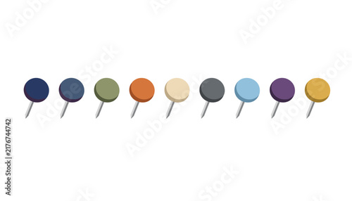 Row of colorful plastic pushpins or map pins in various pastel retro colors isolated on a clean white background.