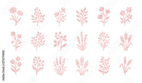 cross stitch botanical floral hand drawn embroidery embroidered plants folk needle pixel sprigs herbs wildflower motifs asset pack vector isolated background