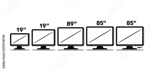 Smart TV Screen Sizes, 19 to 85 Inch Television Display Size Labels Badges and Measurement Symbols