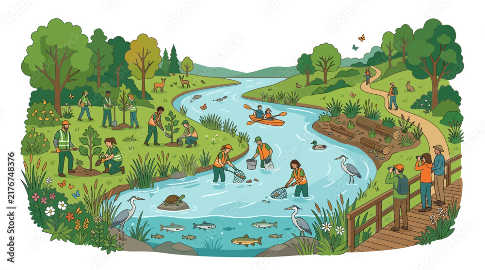 Obraz premium Diverse Community Engaged in River Restoration and Outdoor Recreation