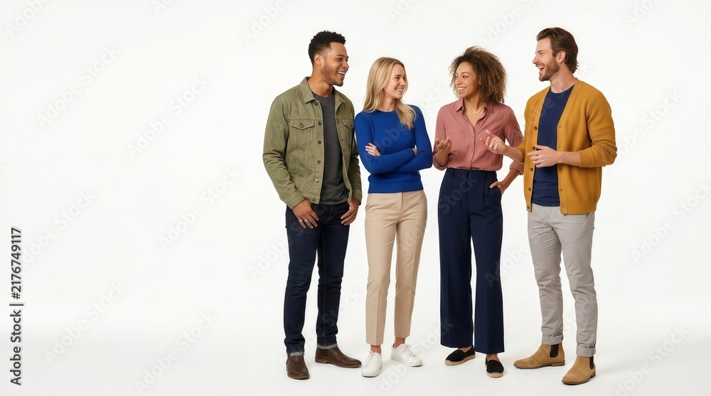 Fototapeta premium Group of four young diverse friends isolated on white background