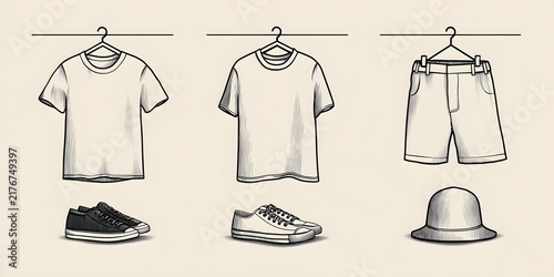 Hand drawn sketch of casual clothes hanging on wooden hangers with sneakers and a bucket hat