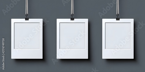 Three blank white photo frames hanging from metal clips against a dark gray background