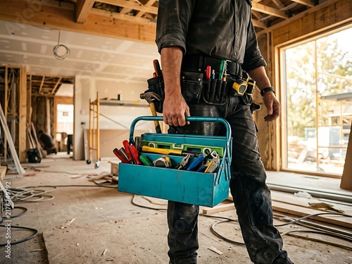 A skilled and licensed professional electrician is shown carefully carrying a completely full toolbox while walking through a brand new home build during