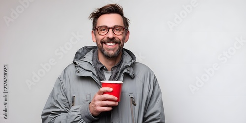 Cheerful man with glasses holding a red cup and smiling against a gray background