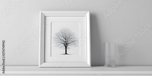 Framed monochrome tree artwork displayed on white shelf in minimalist interior