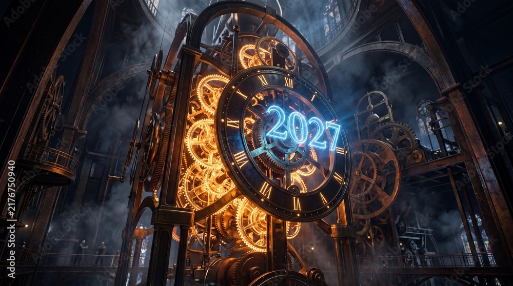 Obraz premium Steampunk mechanical clock with glowing gears and blue neon 2027 sign in a dark industrial setting