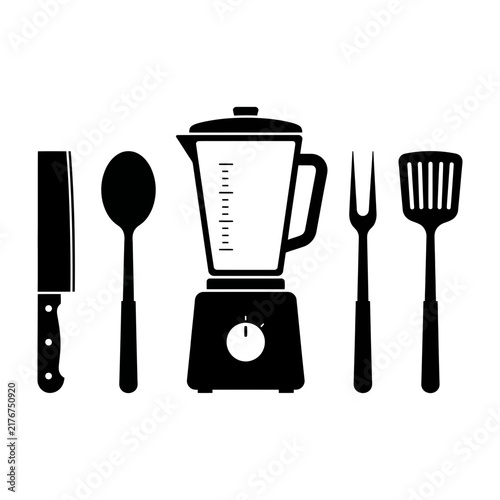 Kitchen Utensils Set with Blender Knife Spoon Fork and Spatula Black Silhouette
